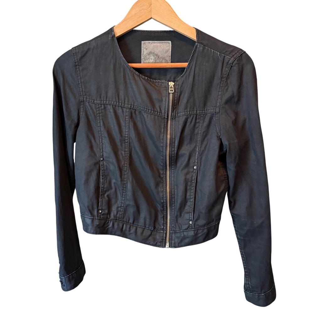 Levis Womens Coated Black Moto Jacket Collarless Asymmetrical Zip Cropped Small